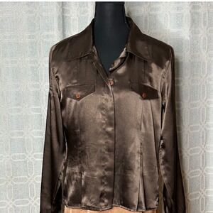 Vintage Christie Jill Women's Brown Satin Button Down Long Sleeve Shirt 6 Top